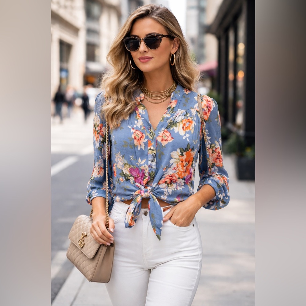 RACHEL Rachel Roy Periwinkle Blue Floral Tie-Front Blouse L